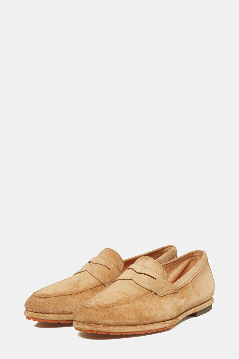 Santoni Bej Santoni Süet DERİ LOAFER AYAKKABI