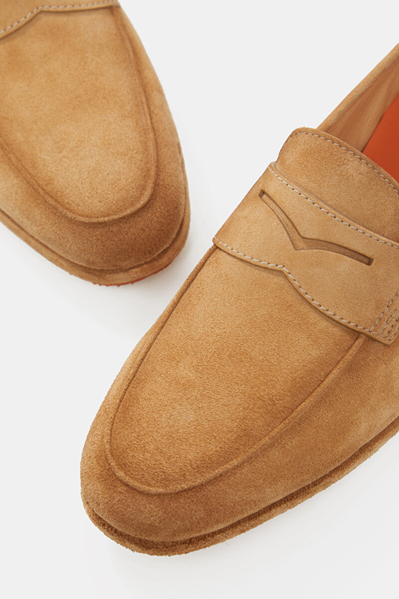 Santoni Bej Santoni Süet DERİ LOAFER AYAKKABI
