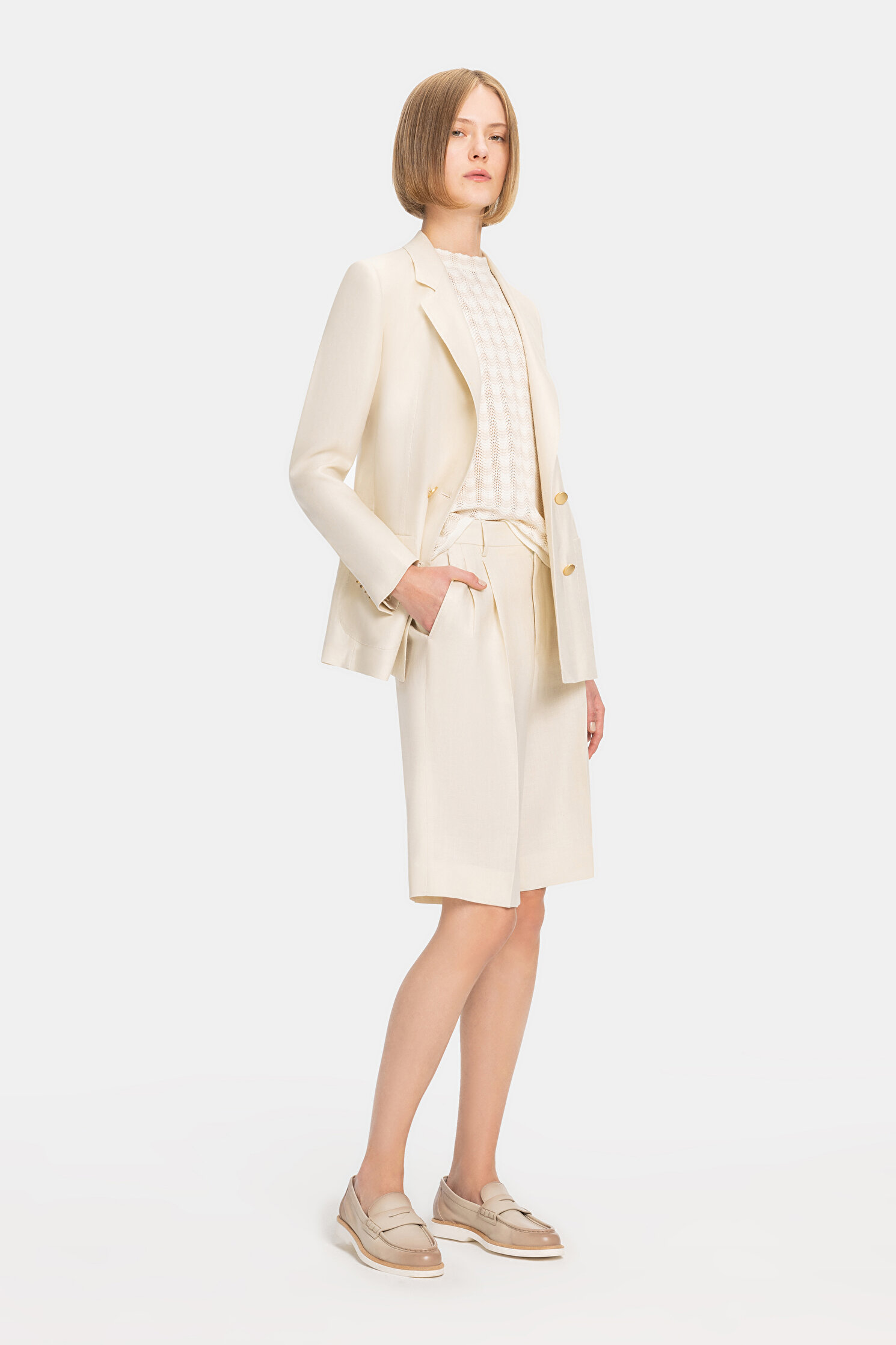 KREM YÜKSEK BEL KETEN ŞORT