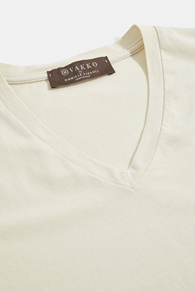 KREM V YAKA KISA KOLLU T-SHIRT 3
