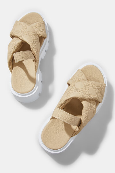 BEIGE MONOGRAM LEATHER SANDALS 4