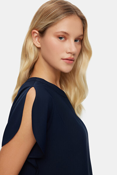 NAVY BLUE BASIC / ROUND NECKLINE SHORT SLEEVE BLOUSE 4