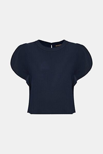 NAVY BLUE BASIC / ROUND NECKLINE SHORT SLEEVE BLOUSE 5
