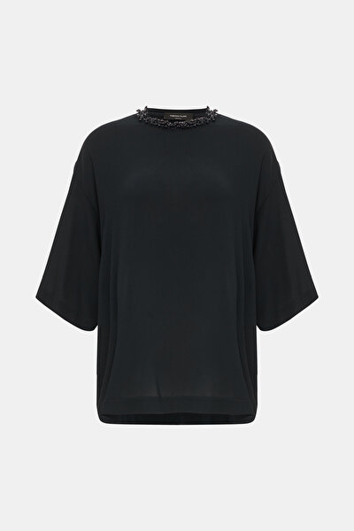 NAVY BLUE BASIC / ROUND NECKLINE 3/4 SLEEVES BLOUSE 5