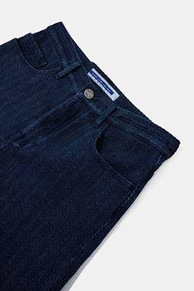 NAVY BLUE HERRINGBONE STRAIGHT CUT TROUSERS 3