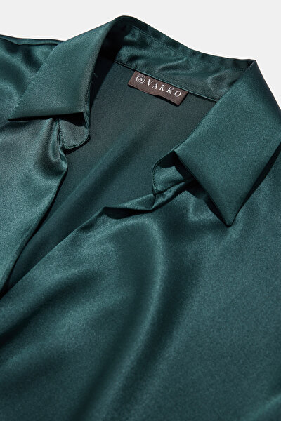 DARK GREEN WRAP LONG SLEEVE BLOUSE 10