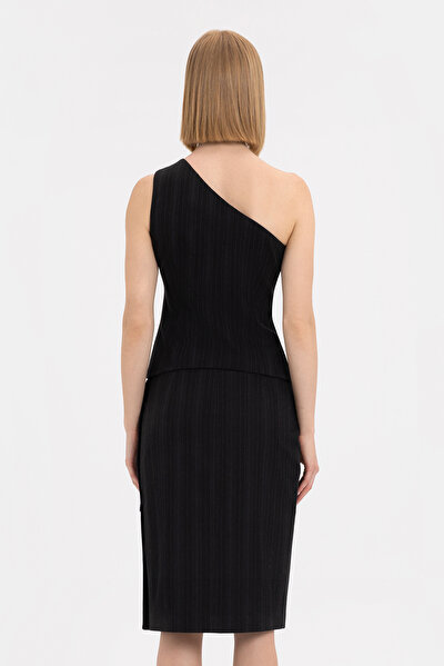 BLACK STRIPED PATTERNED WOOL BELOW THE KNEE SKIRT 3