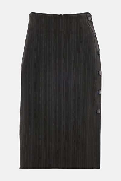 BLACK STRIPED PATTERNED WOOL BELOW THE KNEE SKIRT 5