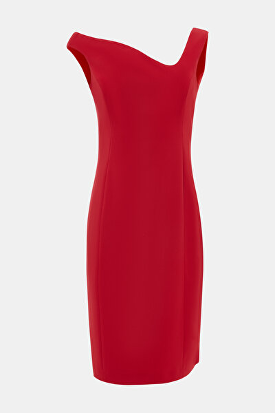 KIRMIZI KOLSUZ DİZ ALTI ELBİSE 3