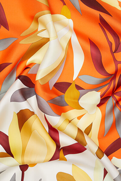 TURUNCU ÇİÇEK DESENLİ TWILL EŞARP 3