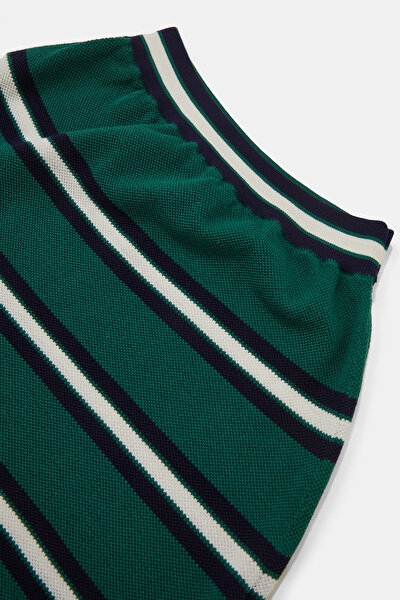 NAVY BLUE STRIPED PATTERNED SILK SKIRT 3