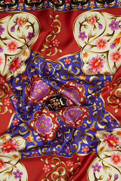 KOYU KIRMIZI ÇİÇEK DESENLİ TWILL EŞARP 3