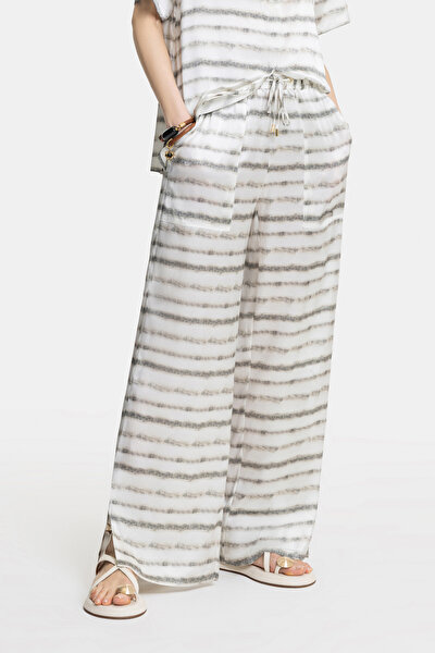 KHAKI STRIPED PATTERNED WIDE LEG TROUSERS 3