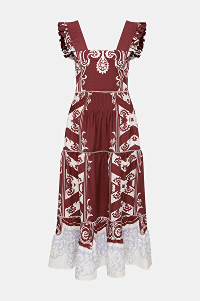 BORDO ÇİÇEK DESENLİ MİDİ ELBİSE 3