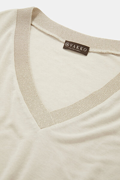 BEIGE V NECK LONG SLEEVE TSHIRT 3