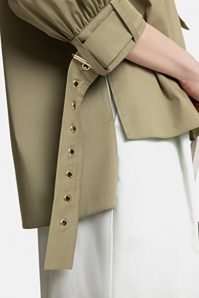 KHAKI MANDARIN COLLAR LONG SLEEVE BLOUSE 3