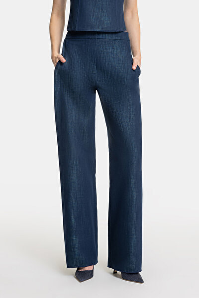 NAVY BLUE STRIPED PATTERNED WIDE LEG TROUSERS 3