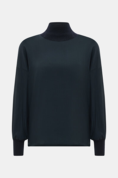 DARK NAVY BLUE UPRIGHT COLLAR LONG SLEEVE BLOUSE 5
