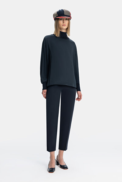 DARK NAVY BLUE UPRIGHT COLLAR LONG SLEEVE BLOUSE 4