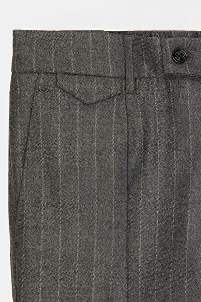 TEK PİLELİ BELİ LAPLİ VE LASTİKLİ ÇİZGİLİ YÜNLÜ PANTOLON 9