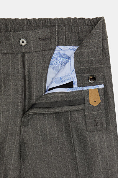 TEK PİLELİ BELİ LAPLİ VE LASTİKLİ ÇİZGİLİ YÜNLÜ PANTOLON 10