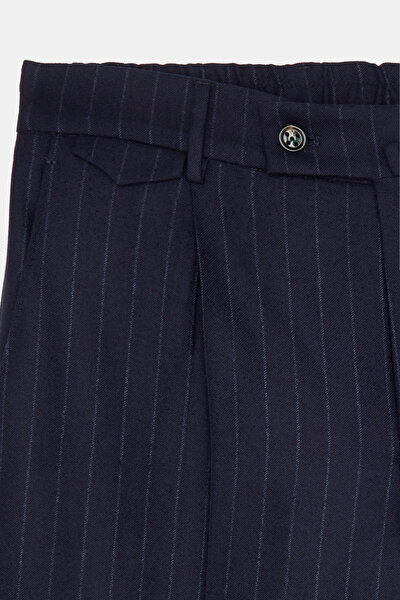 TEK PİLELİ BELİ LAPLİ VE LASTİKLİ ÇİZGİLİ YÜNLÜ PANTOLON 4