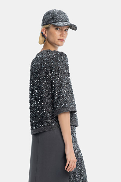 GREY BASIC / ROUND NECKLINE 3/4 SLEEVES BLOUSE 3