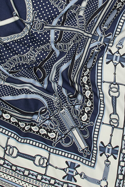 NAVY BLUE GEOMETRIC DESIGN CASHMERE/SILK SHAWL 3