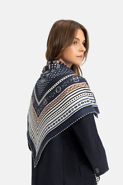 NAVY BLUE GEOMETRIC DESIGN CASHMERE/SILK SHAWL 4