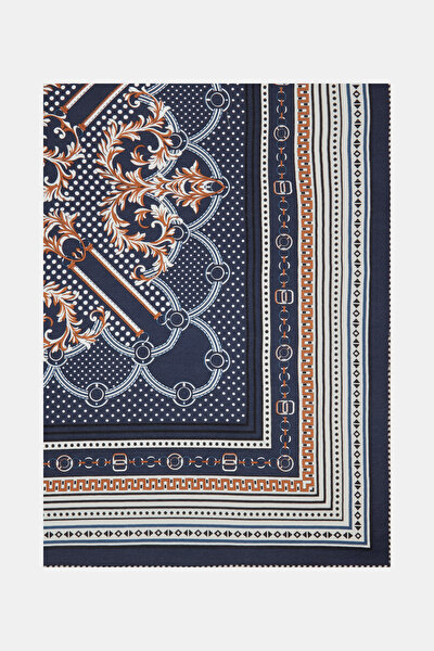 NAVY BLUE GEOMETRIC DESIGN CASHMERE/SILK SHAWL 5