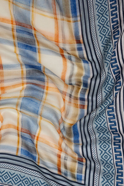 NAVY BLUE GEOMETRIC DESIGN WOOL/SILK SHAWL 3