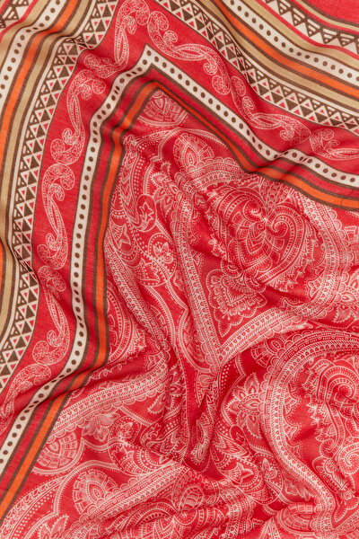 RED GEOMETRIC DESIGN WOOL/SILK SHAWL 3