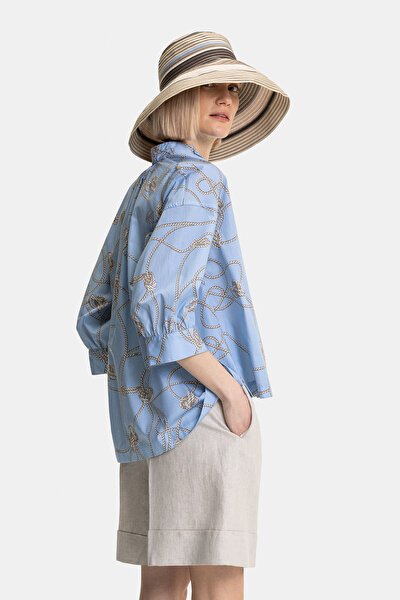 BEIGE MANDARIN COLLAR 3/4 SLEEVES BLOUSE 3