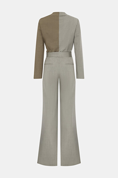 BEIGE SURPLICE NECKLINE (CROSS-OVER NECKLINE) LONG SLEEVE JUMPSUIT 8