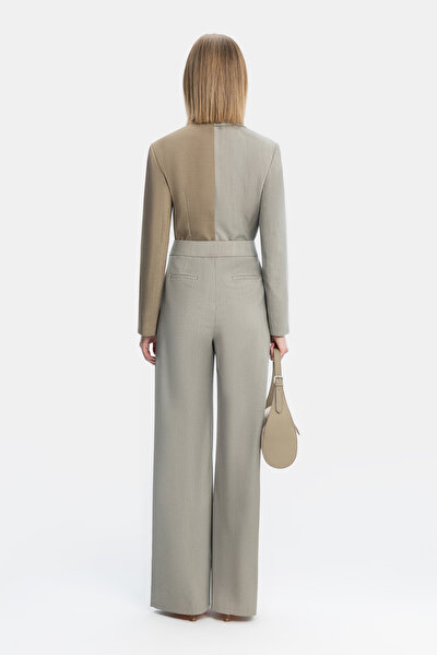 BEIGE SURPLICE NECKLINE (CROSS-OVER NECKLINE) LONG SLEEVE JUMPSUIT 3
