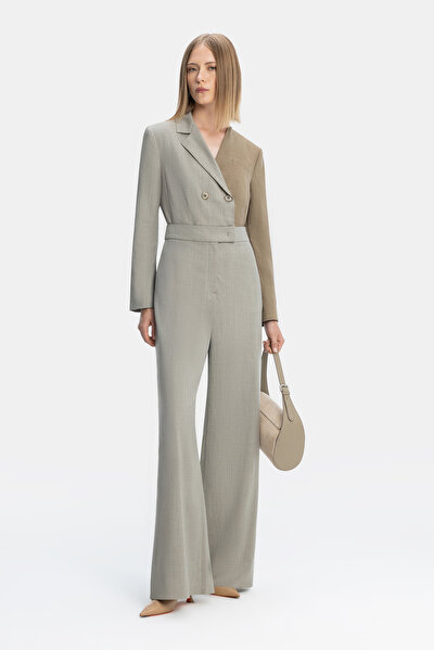 BEIGE SURPLICE NECKLINE (CROSS-OVER NECKLINE) LONG SLEEVE JUMPSUIT 5