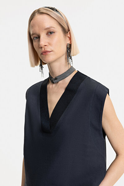 NAVY BLUE V NECK SHORT SLEEVE BLOUSE 3