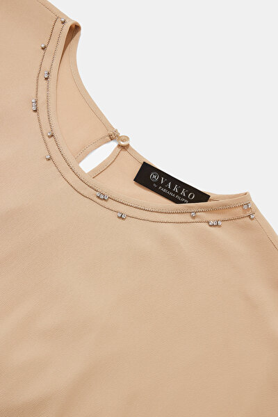 DARK BEIGE BASIC / ROUND NECKLINE SHORT SLEEVE BLOUSE 8