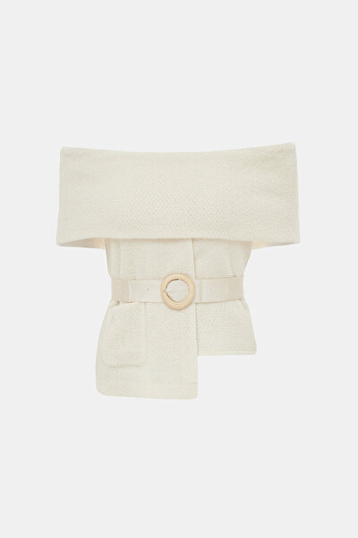 CREAM STRAPLESS SHORT SLEEVE BLOUSE 8