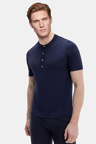 NAVY BLUE MANDARIN COLLAR SHORT SLEEVE TSHIRT 5
