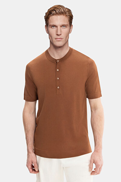 TAN MANDARIN COLLAR SHORT SLEEVE TSHIRT 5