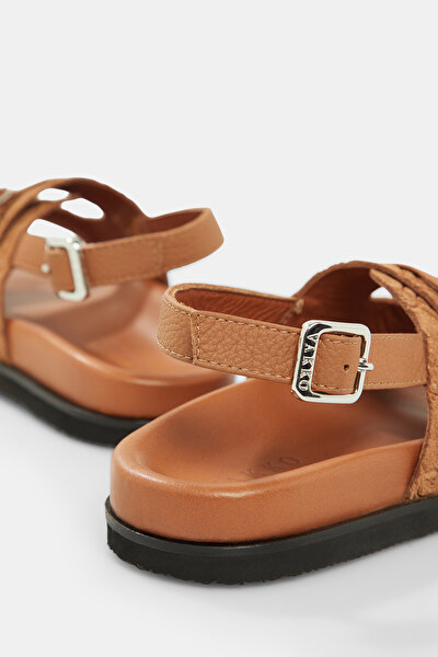 TAN MONOGRAM LEATHER SANDALS 5