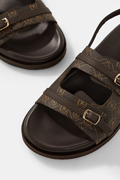 BEIGE MONOGRAM LEATHER SANDALS 4