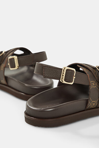 BEIGE MONOGRAM LEATHER SANDALS 5