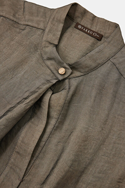 KHAKI MANDARIN COLLAR SHORT SLEEVE BLOUSE 3