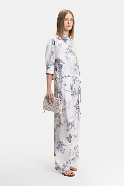 BLUE FLORAL PATTERN WIDE LEG TROUSERS 5