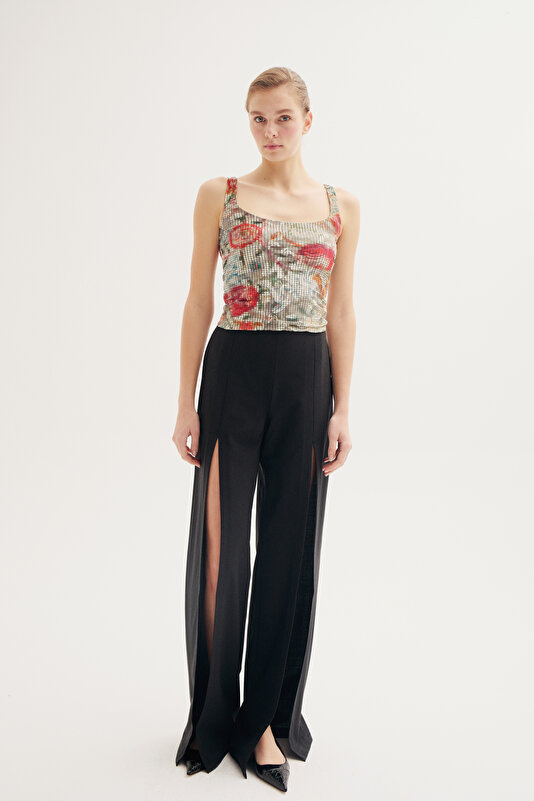 BLACK WIDE LEG WOOL TROUSERS