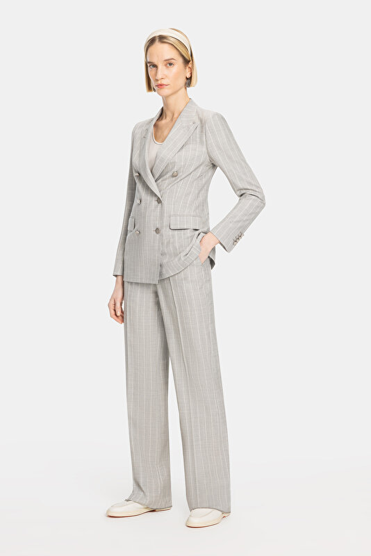 GREY STRIPED PATTERNED WIDE LEG TROUSERS