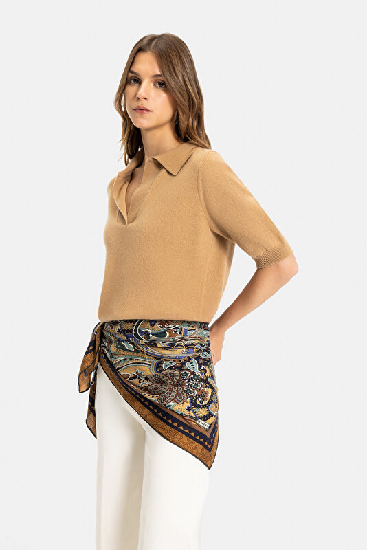 LIGHT BROWN PAISLEY PATTERNED CASHMERE/SILK SCARF 4