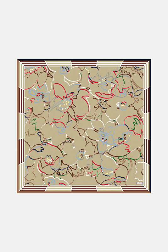 DARK BEIGE FLORAL PATTERN TWILL SCARF